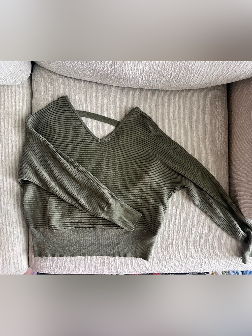 Pink Rose Olive Green Ribbed V-Neck Sweater with Back Strap